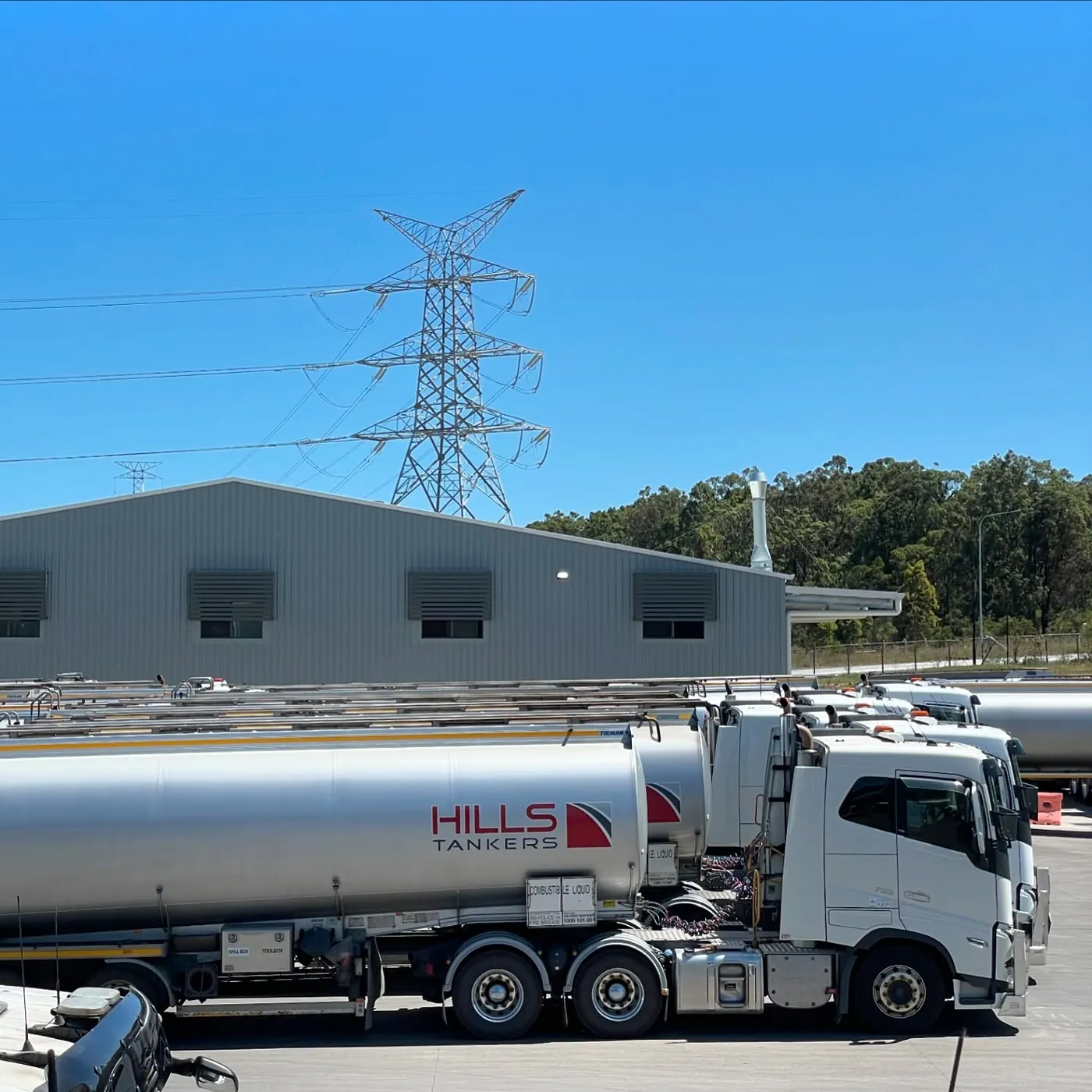 Rows of Hills Tankers fuel tankers parked at the Beresfield depot