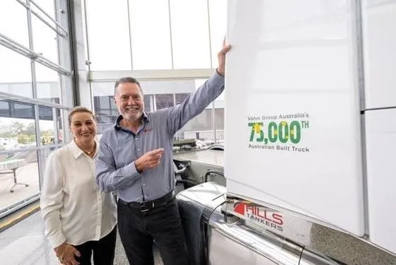 Andrew and Vicki Hill with the commemorative 75,000th Australian-built Volvo truck